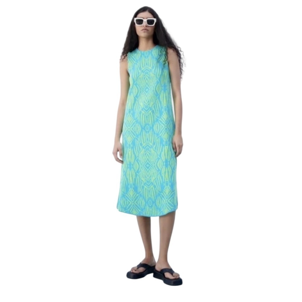 Zara  Sleeveless Blue & Green  Midi Dress – Summer Vibes, Size S.